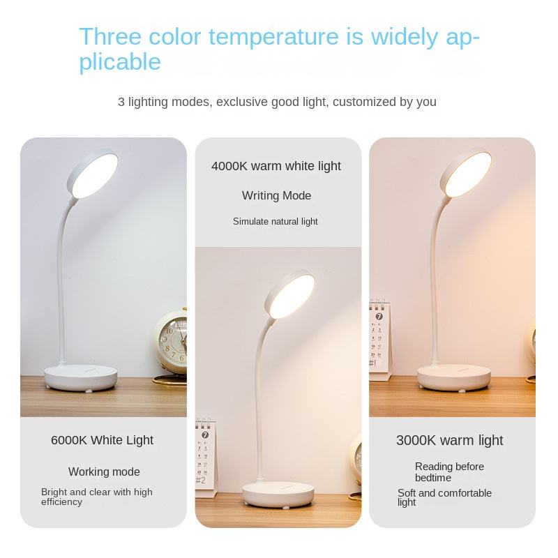 Rechargeable USB Desk Lamp Rechargeable Reading Bed Night Light LED 3-Tone Bedside Table Learning Eye Protection Lamp