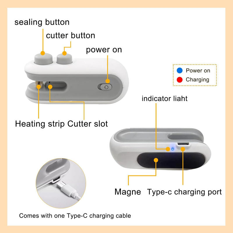 Handheld USB Rechargeable Mini Clip Bag Sealing Machine Food Plastic Bag Sealer Heat Seal with Cutter Portable Vacuum Sealer
