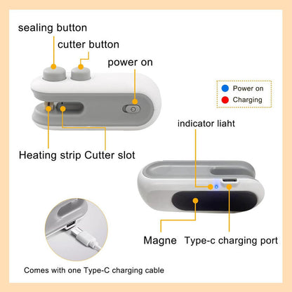 Handheld USB Rechargeable Mini Clip Bag Sealing Machine Food Plastic Bag Sealer Heat Seal with Cutter Portable Vacuum Sealer