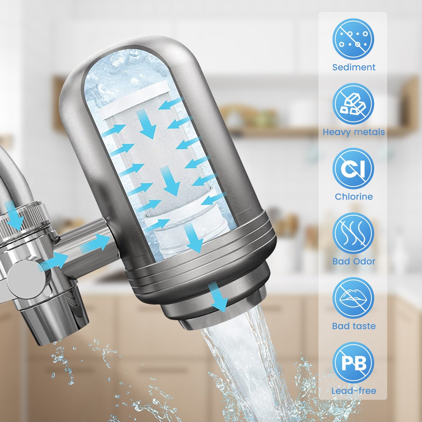 Food grade 304 stainless steel filter household activated carbon tap water purifier adsorbs residual chlorine durable