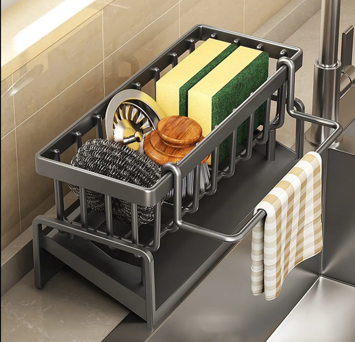 Auto-Draining Kitchen Sink  Removable Dish Cloth Rack