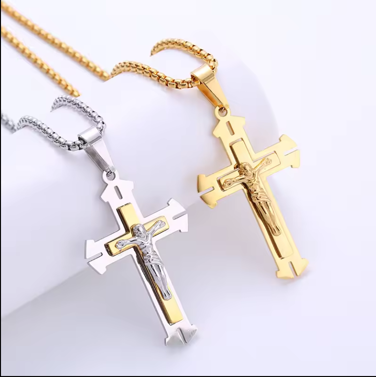 Gold Plated Choker Stainless steel jewelry Chunky Jesus Cross Pendant Necklace
