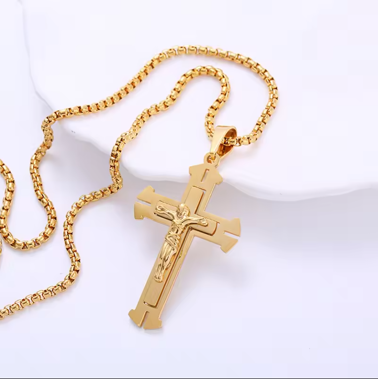 Gold Plated Choker Stainless steel jewelry Chunky Jesus Cross Pendant Necklace
