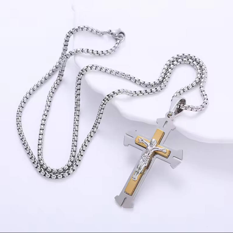 Gold Plated Choker Stainless steel jewelry Chunky Jesus Cross Pendant Necklace