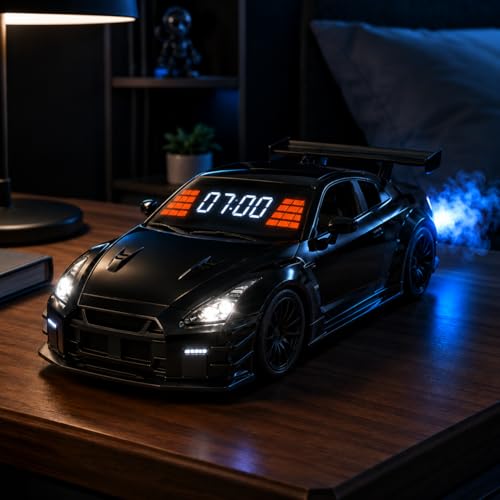 Alloy‑textured Race Car Alarm Clock, Sound‑Light & Spray Function, Interesting Bedroom Bedside Car‑themed Clock