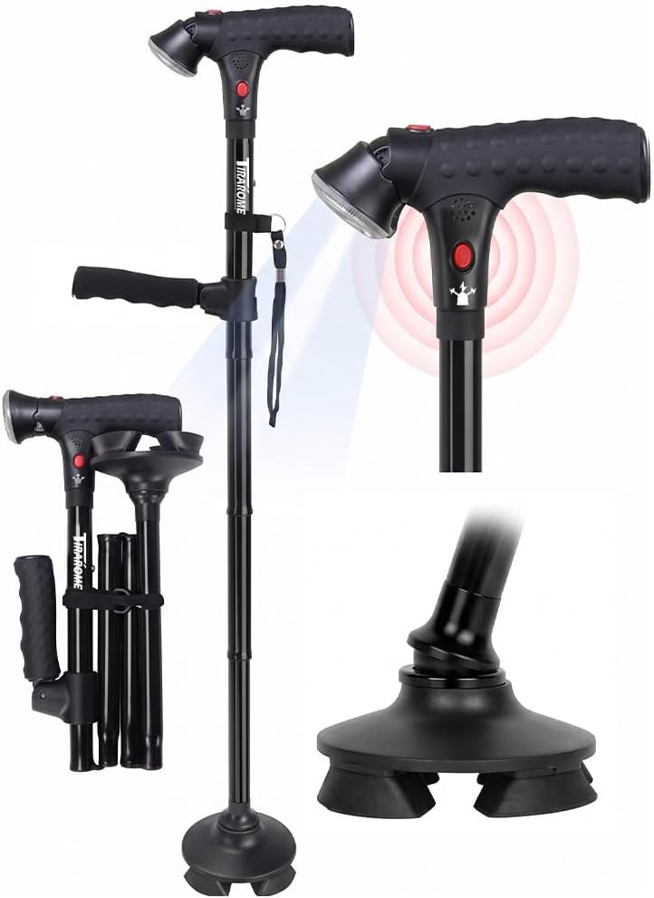 Walking Cane for Men & Women, Smart Cane with Alarm & Light | Foldable,Free Standing, All Terrain, Collapsible, Second Handle, Adjustable