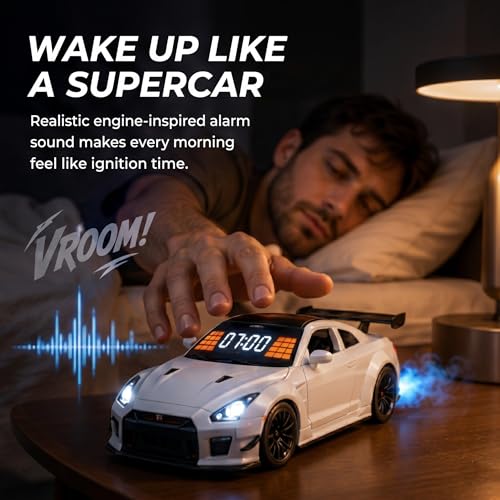 Alloy‑textured Race Car Alarm Clock, Sound‑Light & Spray Function, Interesting Bedroom Bedside Car‑themed Clock