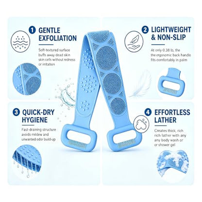 Silicone Back Bath Scrub Strap, Extra‑long Exfoliating Body Scrubber, Soft Skin‑friendly Shower Back Belt for Home Bath Use