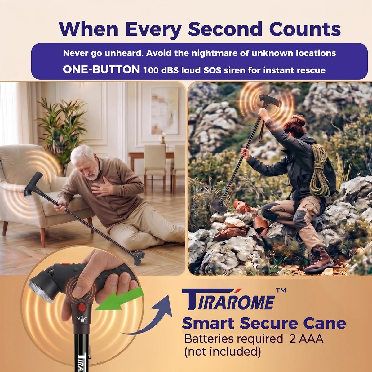 Walking Cane for Men & Women, Smart Cane with Alarm & Light | Foldable,Free Standing, All Terrain, Collapsible, Second Handle, Adjustable