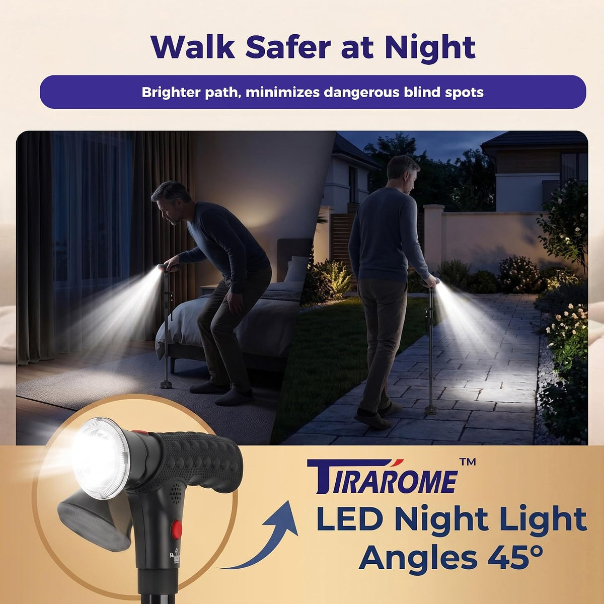 Walking Cane for Men & Women, Smart Cane with Alarm & Light | Foldable,Free Standing, All Terrain, Collapsible, Second Handle, Adjustable