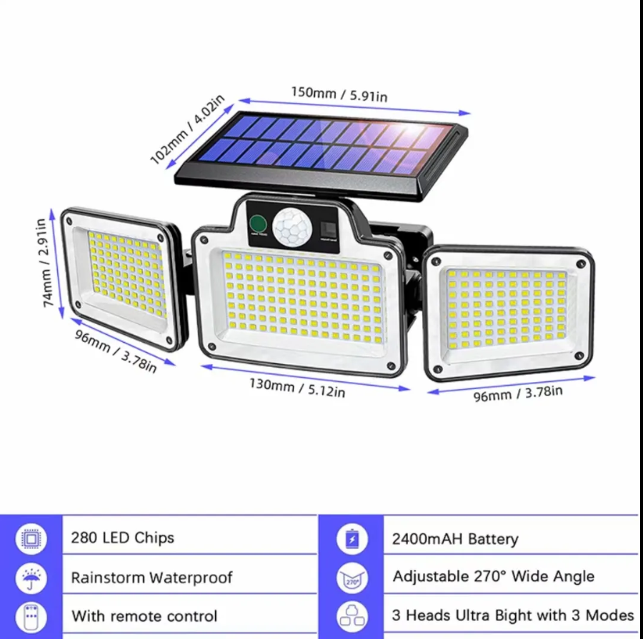 Waterproof IP65 3 Head 280 Led Solar Lights Outdoor Garden With Remote Control