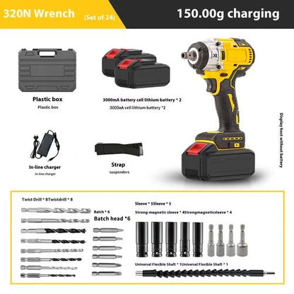 Portable lithium-ion impact wrench with two batteries and a charger
