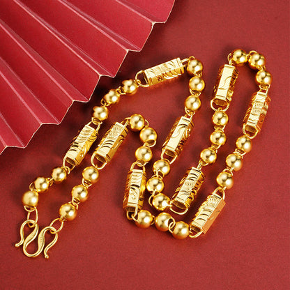 18K Gold Plated Trendy Columnar Bead Chain Necklace for Men Retro Male Domineering Accessories Solid Copper Jewelry