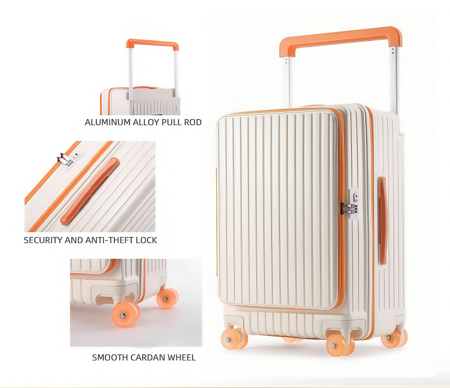 20-inch side-opening large-capacity new design trolley suitcase with jelly wheels.