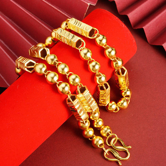 18K Gold Plated Trendy Columnar Bead Chain Necklace for Men Retro Male Domineering Accessories Solid Copper Jewelry