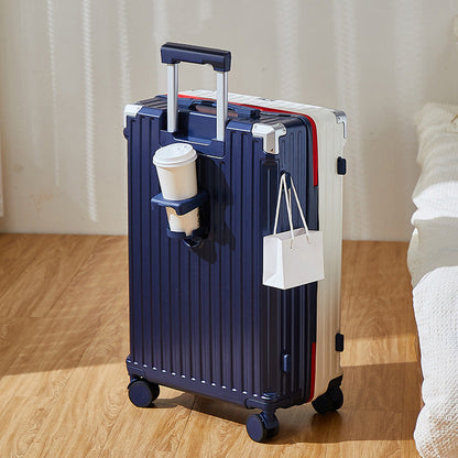 24 inch Stylish color-blocked large carry-on suitcase a travel essential! With a hidden cup holder and multiple compartments, this suitcase has perfected every detail.