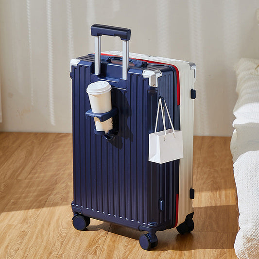 24 inch Stylish color-blocked large carry-on suitcase a travel essential! With a hidden cup holder and multiple compartments, this suitcase has perfected every detail.