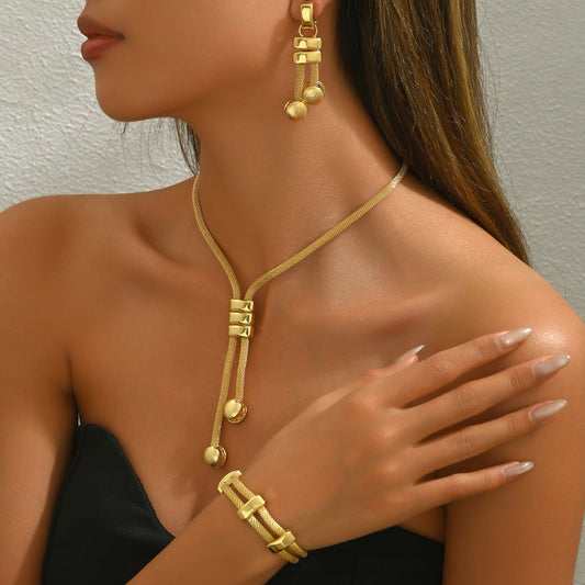 Stylish Luxury Long Necklace Pendant Earrings Bracelet Set Geometric Tassel 18K Gold Plated Jewelry Set
