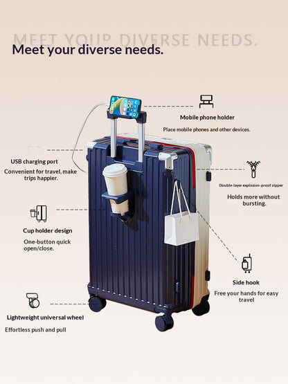 24 inch Stylish color-blocked large carry-on suitcase a travel essential! With a hidden cup holder and multiple compartments, this suitcase has perfected every detail.