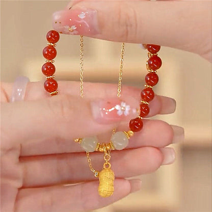 Luxury Exquisite Beaded Bracelet for Women Girls Retro Hotan Jade Peanut Pendant Gold-Plated Cute Style Lucky Accessory