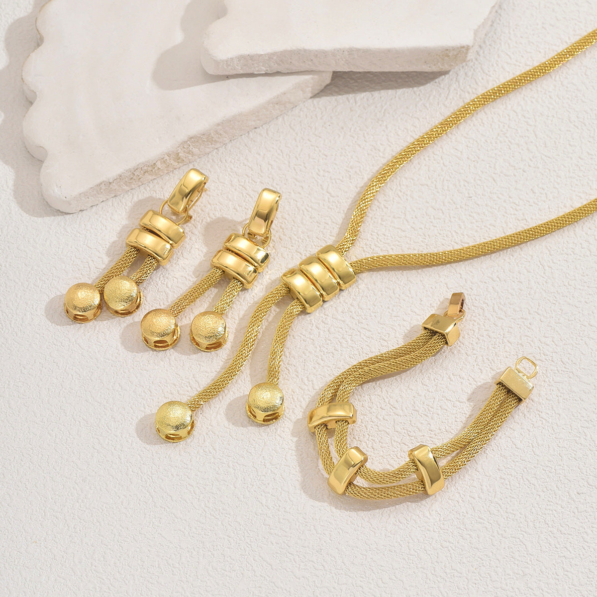 Stylish Luxury Long Necklace Pendant Earrings Bracelet Set Geometric Tassel 18K Gold Plated Jewelry Set