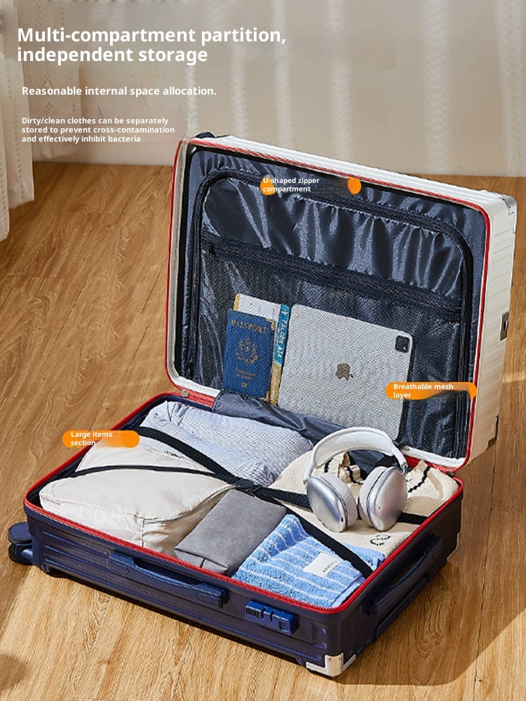 24 inch Stylish color-blocked large carry-on suitcase a travel essential! With a hidden cup holder and multiple compartments, this suitcase has perfected every detail.