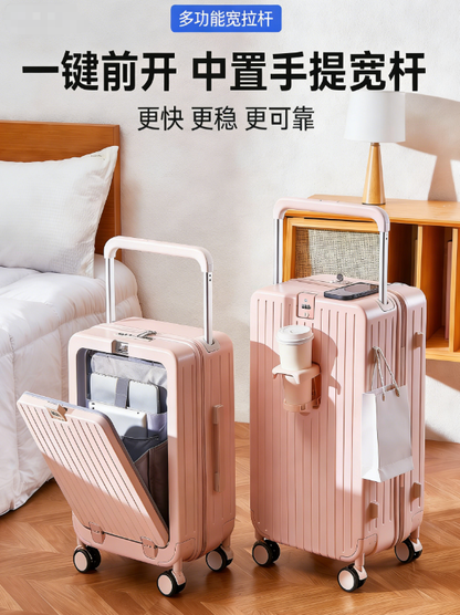 24-inch wide rolling suitcase! One-touch front opening + charging port + dual U-shaped compartments, silent universal wheels for worry-free travel.
