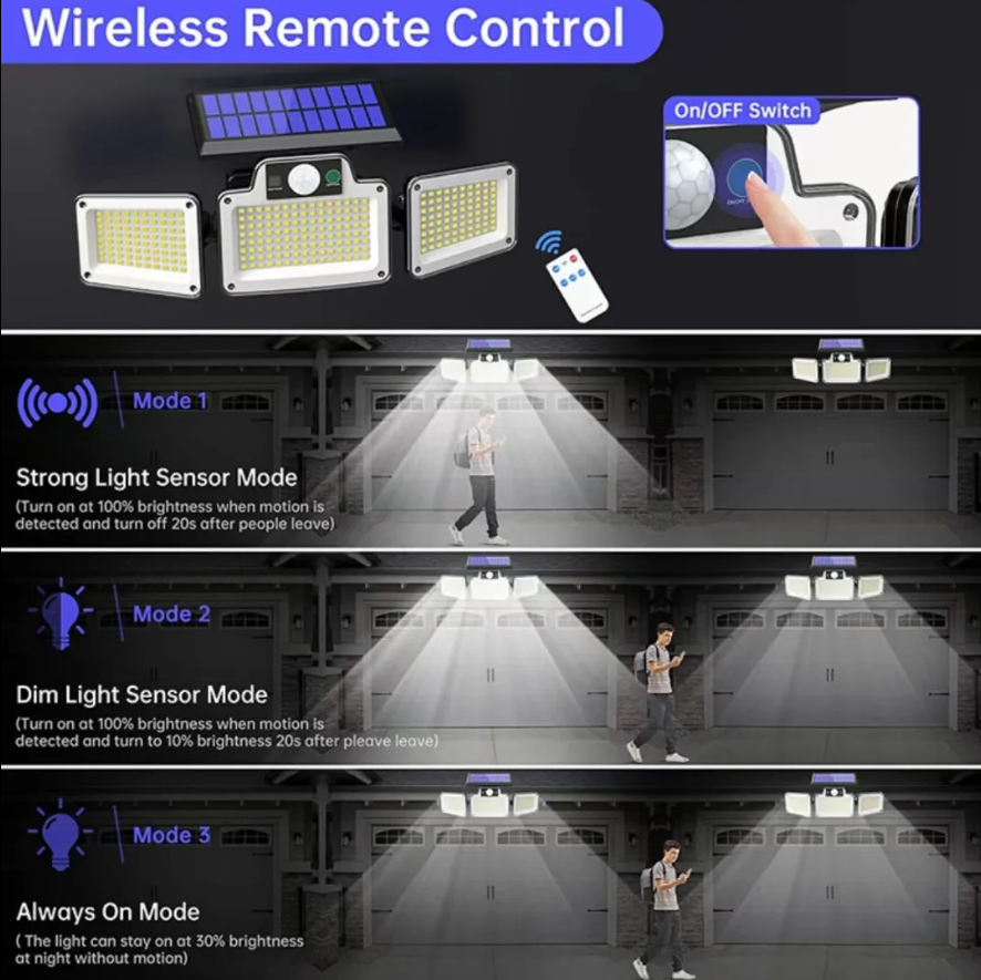 Waterproof IP65 3 Head 280 Led Solar Lights Outdoor Garden With Remote Control